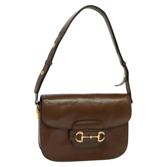 GUCCI Horsebit Shoulder Bag Leather Brown Gold - Picture 1 of 16